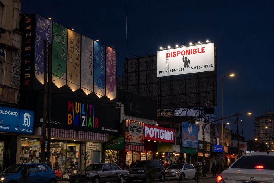 Cartel de Mentor iluminado de noche sobre un frente comercial